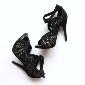New ALDO Suede Perforated Platform Heels Black Gold Sz 5